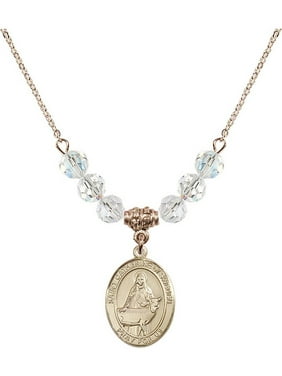 18-Inch Hamilton Gold Plated Necklace with 4mm Rose Birthstone Beads and Gold Filled Blessed Emilee Doultremont Charm. 18-Inch Hamilton Gold Plated Necklace with 4mm Rose Birthstone Beads and Gold Filled Blessed Emilee Doultremont Charm.